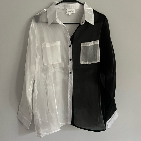 WoWo Monochrome Shimmer White and Black Button-Down Sheer Blouse - Picture 1 of 4